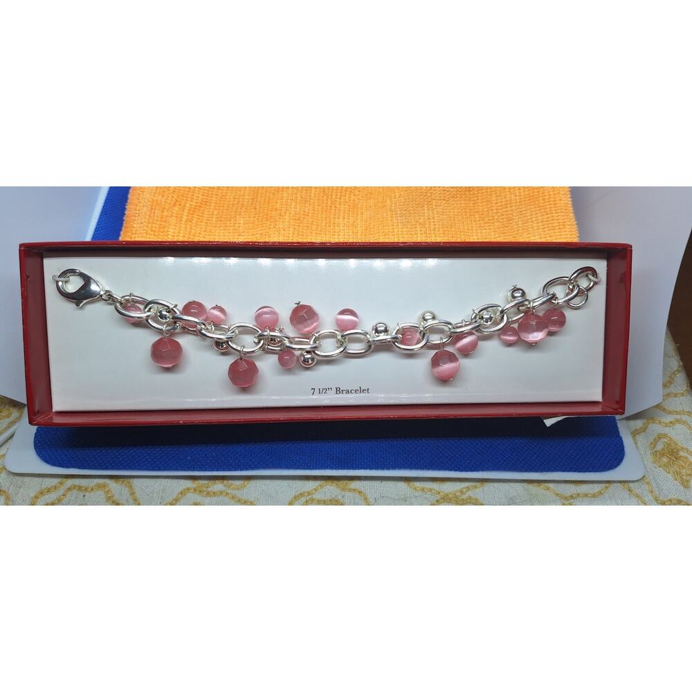 Silver Tone Pink Beaded Fringe Bracelet 7.5 Inch Fashion Jewelry NIB